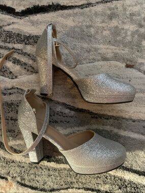 Silver Glitter Platform Block Heel Pumps with Ankle Strap